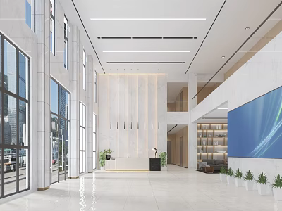 Modern Front Desk Reception Lobby With Glass Doors Marble Walls Green Plants Large TV And Bookshelves 3d model