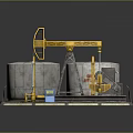 Industrial Oilfield Equipment Setup With Yellow Pump Jacks Large Storage Tanks And Blue Control Panel