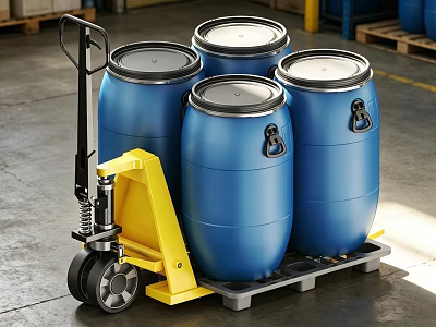 Industrial Equipment Yellow Pallet Truck With Blue Drums On Warehouse Pallet 3d model