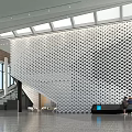 Modern Front Desk Reception in Elegant Lobby with Geometric Wall Glass Windows and Staircase