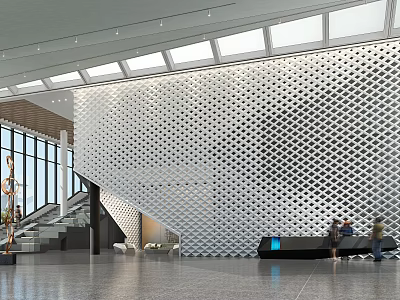 Modern Front Desk Reception in Elegant Lobby with Geometric Wall Glass Windows and Staircase 3d model