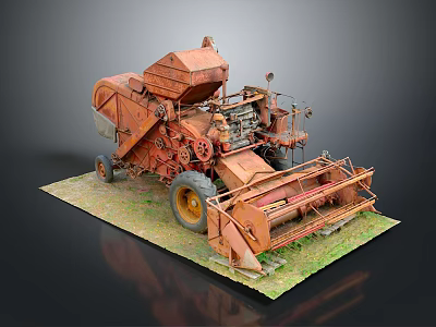 Vintage Rusty Orange Agricultural Harvester Model On Green Grass Base With Gray Background 3d model