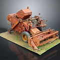 Vintage Rusty Orange Agricultural Harvester Model On Green Grass Base With Gray Background
