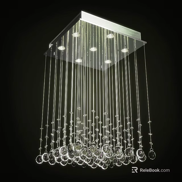 Modern Square Metal Frame Chandelier With Hanging Crystal Pendants And Strings 3d model 