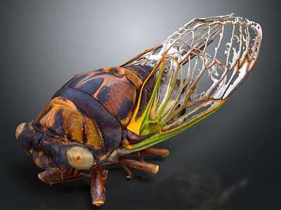 Close Up View Of Cicada Exuvia With Detailed Exoskeleton And Transparent Wings 3d model