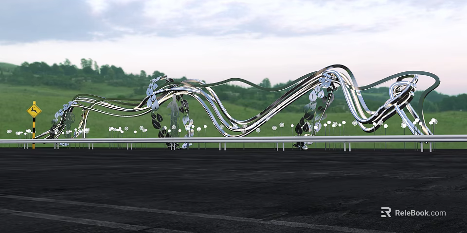 Modern Garden Landscape With Curved Metal Sculptures Green Lawn Pathway And Lighting 3d model 