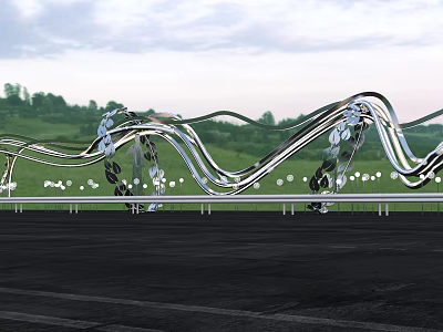 Modern Garden Landscape With Curved Metal Sculptures Green Lawn Pathway And Lighting 3d model