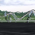 Modern Garden Landscape With Curved Metal Sculptures Green Lawn Pathway And Lighting