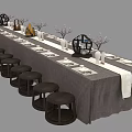 Long Dining Table Set With Gray Tablecloth White Runner Decorative Vases And Round Stools 3d model