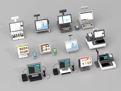 Various Modern Cash Register Systems With Display Screens Scanner And Receipt Printers 3d model