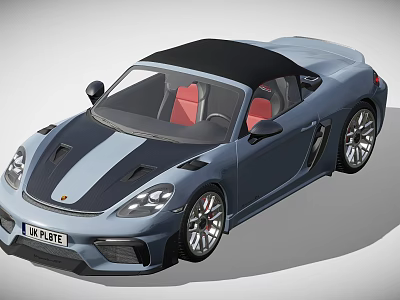 Blue Convertible Sports Car With Black Roof Red Seats And Sporty Design 3d model