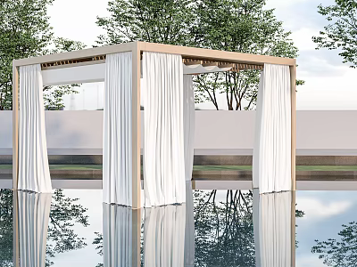 Outdoor Ceiling Drapery with Wooden Pergola Structure beside Pool and Green Trees Reflection 3d model