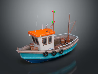 Small Boat With Orange Roof White Cabin Blue Hull Black Tires And Red Green Lights 3d model