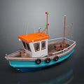 Small Boat With Orange Roof White Cabin Blue Hull Black Tires And Red Green Lights