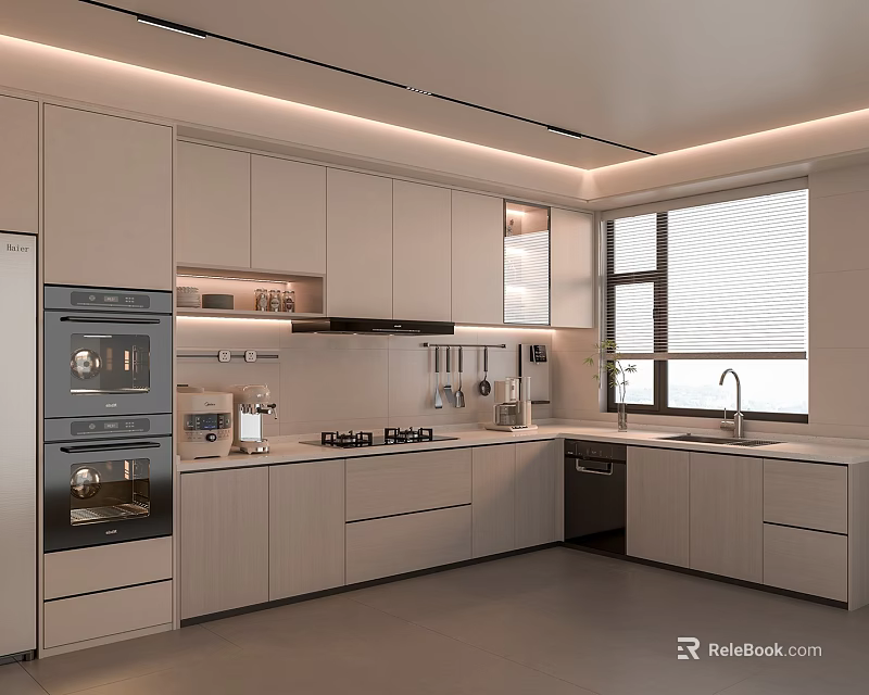 Modern Kitchen With Integrated Cabinets And Appliances 3d model