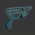 Futuristic Blue Sci Fi Gun With Red Accents And Yellow Warning Symbols