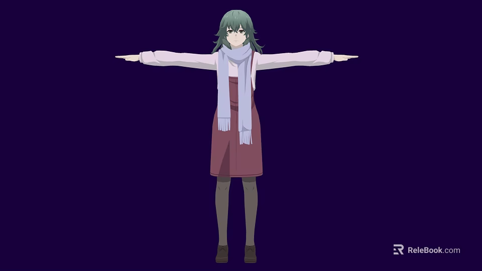 Woman in pink dress with green hair purple scarf arms outstretched against dark purple background 3d model 