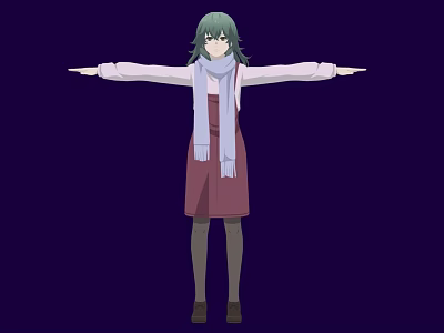 Woman in pink dress with green hair purple scarf arms outstretched against dark purple background 3d model