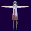 Woman in pink dress with green hair purple scarf arms outstretched against dark purple background