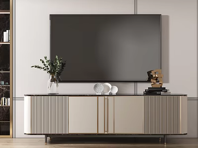 Modern TV Stand With Vertical Stripes Gold Accents And Decorative Items In Living Room 3d model