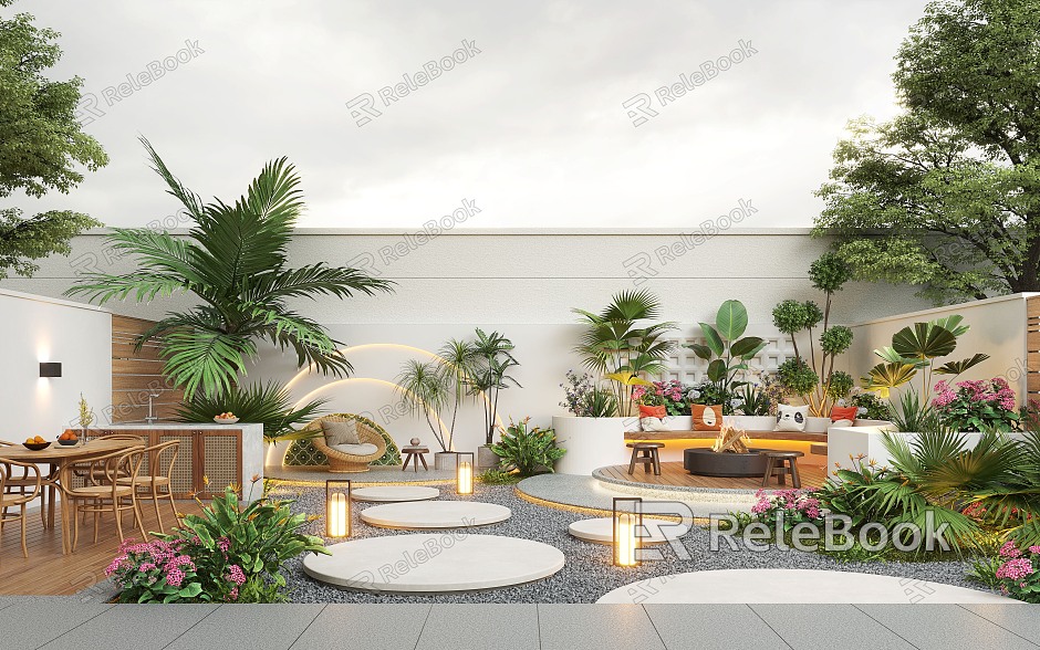 Cream Style Courtyard Landscape Courtyard Landscape Plant Home Courtyard Villa Courtyard Outdoor Sofa Waterscape Waterscape Wall model