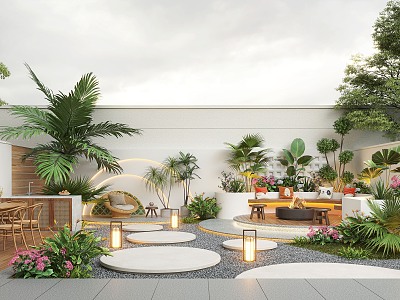 Cream Style Courtyard Landscape Courtyard Landscape Plant Home Courtyard Villa Courtyard Outdoor Sofa Waterscape Wall model