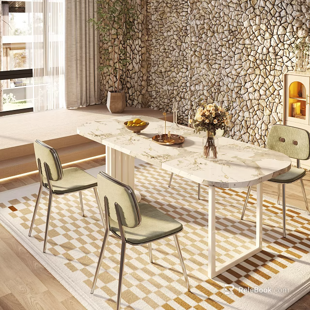 Modern Dining Table Set With White Marble Top Light Green Chairs And Metal Legs 3d model 