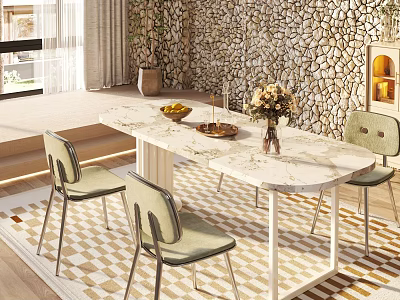 Modern Dining Table Set With White Marble Top Light Green Chairs And Metal Legs 3d model