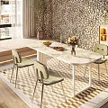 Modern Dining Table Set With White Marble Top Light Green Chairs And Metal Legs
