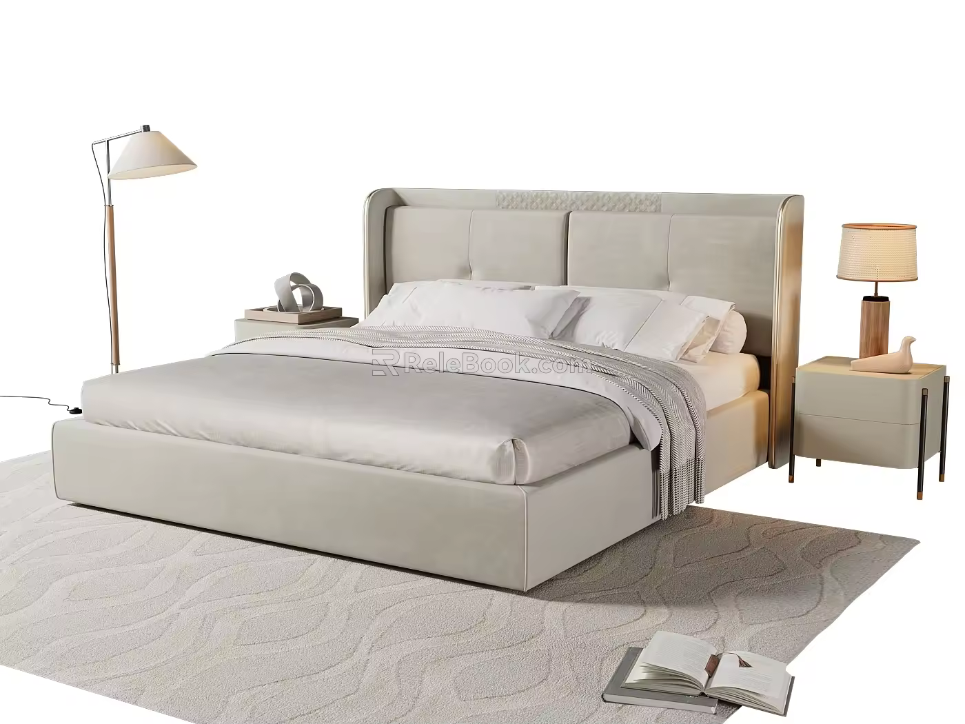 Simple Double Bed Italian Light Luxury Soft Bed Carpet Bedside Table Desk Lamp Floor Lamp 3d model