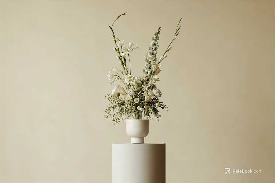 White Vase With White And Green Flowers On White Cylindrical Pedestal Beige Background 3d model 