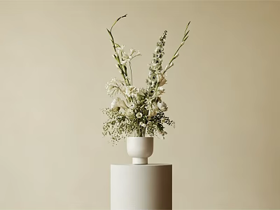 White Vase With White And Green Flowers On White Cylindrical Pedestal Beige Background 3d model