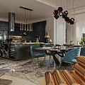 Modern Dining and Living Room Interior With Red Sofa Abstract Painting Pendant Lights And Chairs