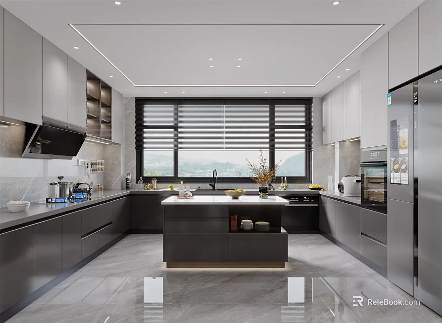 Modern Open Concept Kitchen Interior Design With Island Countertop And Cabinets 3d model 