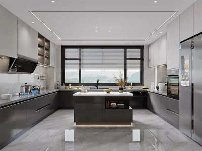 Modern Open Concept Kitchen Interior Design With Island Countertop And Cabinets 3d model