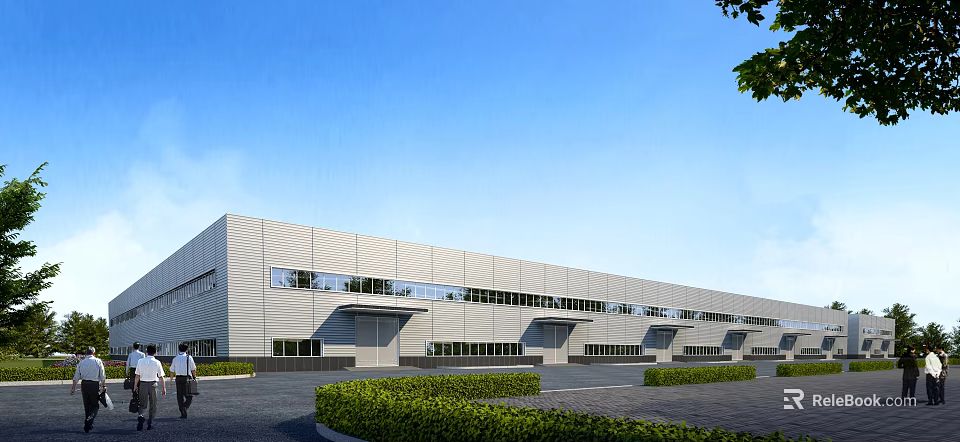Modern Industrial Factory Exterior With Metal Wall Large Windows Landscaped Bushes And Blue Sky Background 3d model 