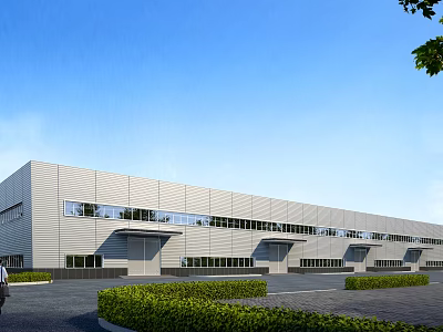 Modern Industrial Factory Exterior With Metal Wall Large Windows Landscaped Bushes And Blue Sky Background 3d model