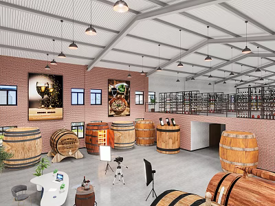 Public Office Space With Red Brick Walls Pendant Lights Windows Wall Art And Wooden Barrels 3d model