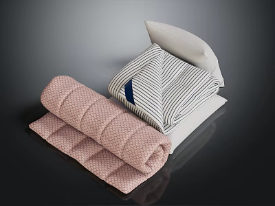Folded Home Textiles Pink Quilted Blanket And Blue White Striped Cover With Pillow 3d model