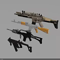 Three Modern Tactical Weapons With Scopes Colored Grips And Black Silver Tan Designs 3d model