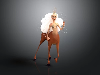 Human Female Character with Deer Body White Cloud Hair Golden Ornaments and Glowing Particles 3d model