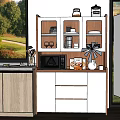 Modern Wooden And White Sideboard With Glass Door Dishes Cups Microwave Kettle And Food Packages