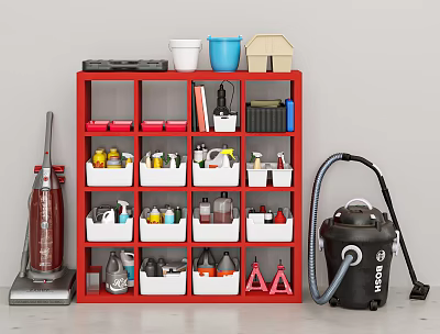 Red Multi-layer Storage Rack With Various Hardware Tools And Supplies Including Vacuum Cleaner 3d model