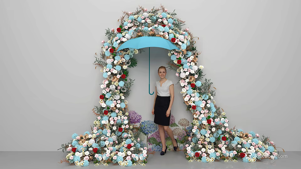 Woman Standing Under Colorful Flower Arch Decorated With White Red Blue Blooms 3d model 