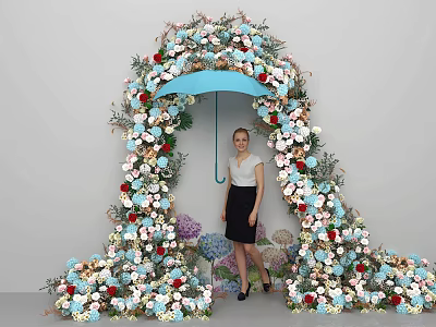 Woman Standing Under Colorful Flower Arch Decorated With White Red Blue Blooms 3d model