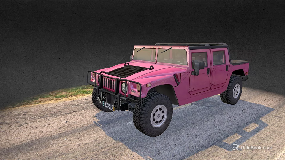 Pink Hummer Off Road Pickup Truck Parked On Gravel Road With Rugged Tires 3d model 