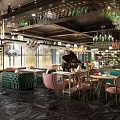 Elegant Restaurant Interior Design With Colorful Chairs Chandeliers And Hanging Wine Glasses