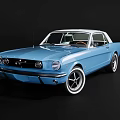 Classic Blue Two Door Car With White Roof And White Rims On Black Background