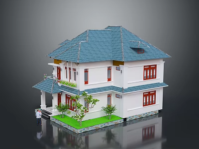 Two Story White House Model With Blue Roof Red Windows And Small Garden 3d model