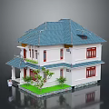 Two Story White House Model With Blue Roof Red Windows And Small Garden